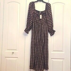 River Island shirred square neck check midi dress black/pink Size 10